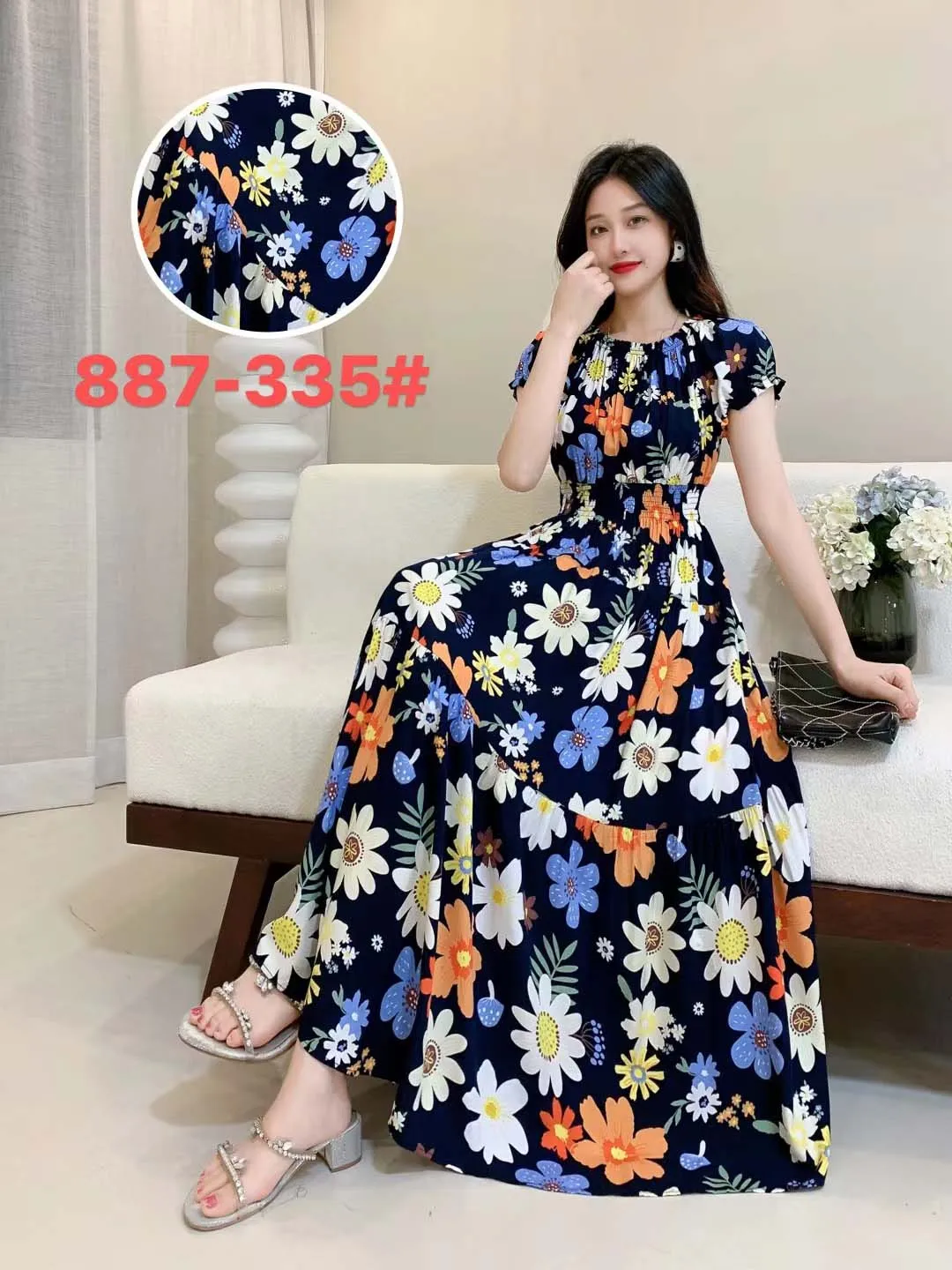 Women Summer Floral Printed Short Sleeves Long Maxi Vintage  Dress - WD8043