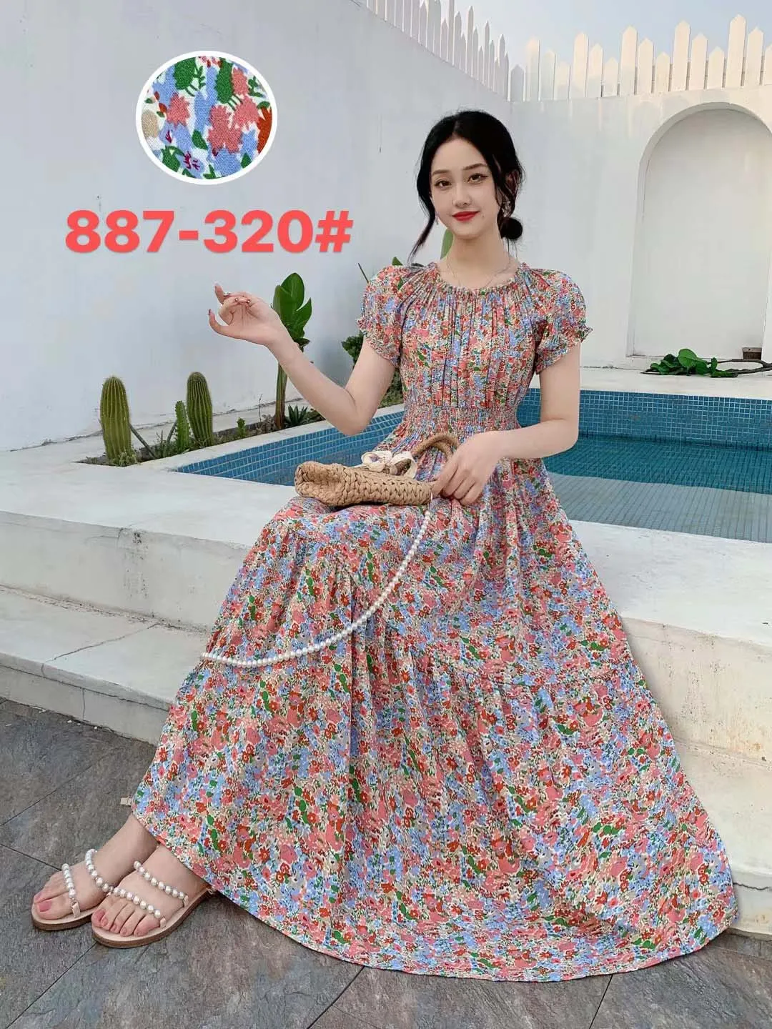 Women Summer Floral Printed Short Sleeves Long Maxi Vintage  Dress - WD8043