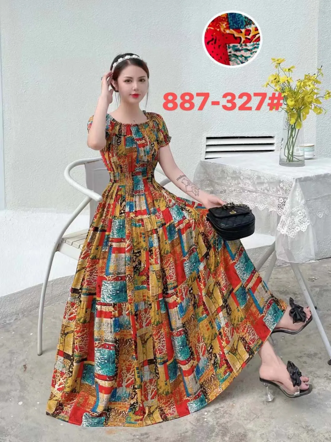 Women Summer Floral Printed Short Sleeves Long Maxi Vintage  Dress - WD8043