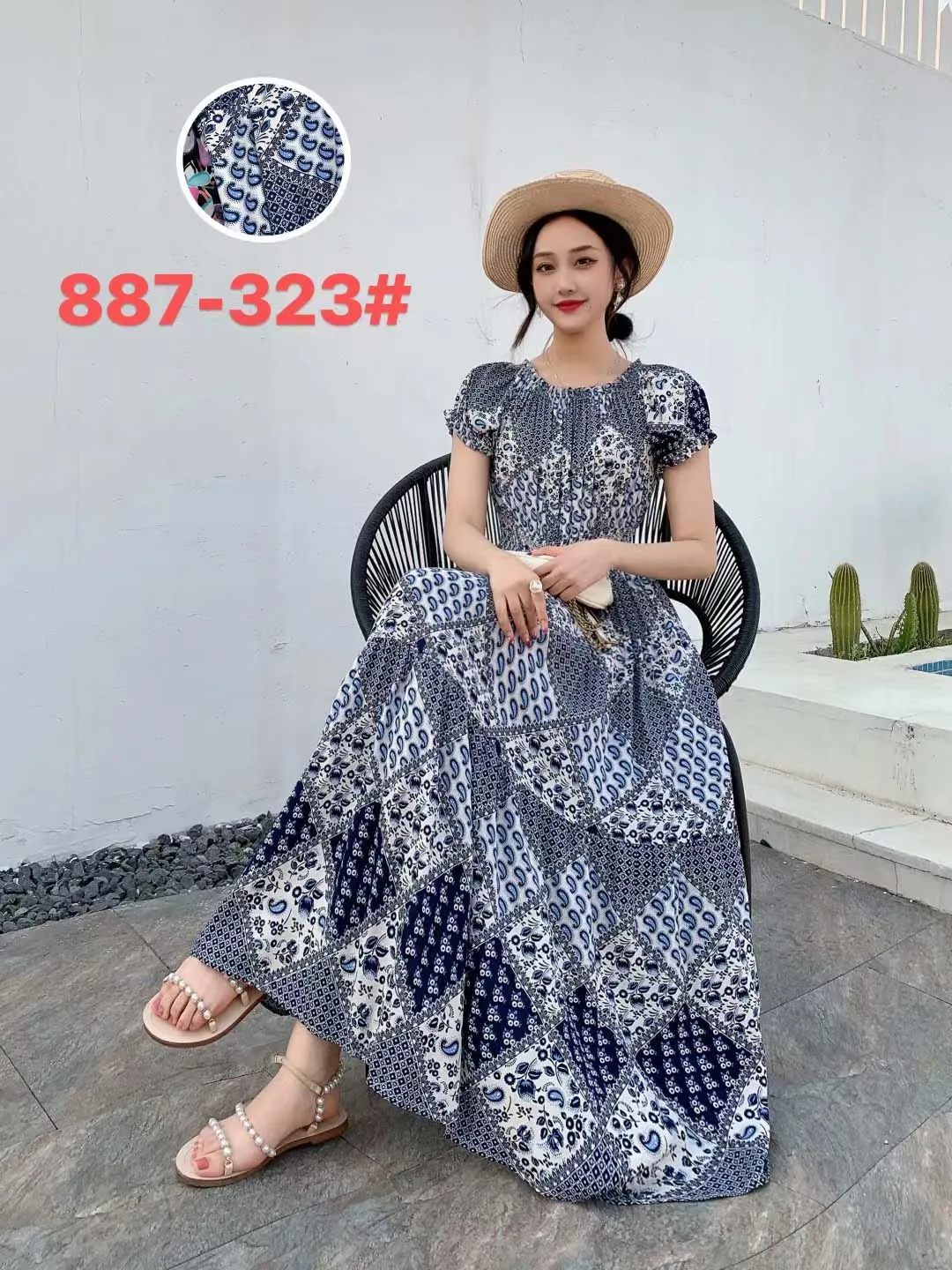 Women Summer Floral Printed Short Sleeves Long Maxi Vintage  Dress - WD8043