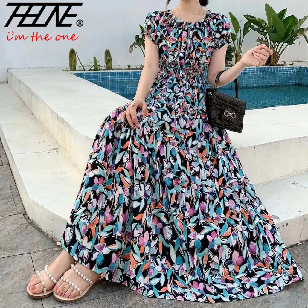 Women Summer Floral Printed Short Sleeves Long Maxi Vintage  Dress - WD8043