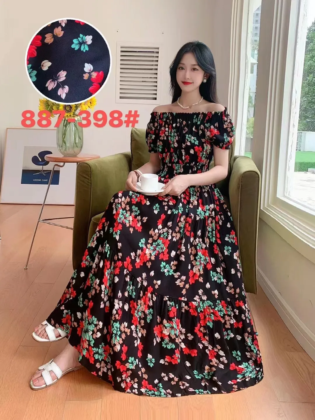 Women Summer Floral Printed Short Sleeves Long Maxi Vintage  Dress - WD8043