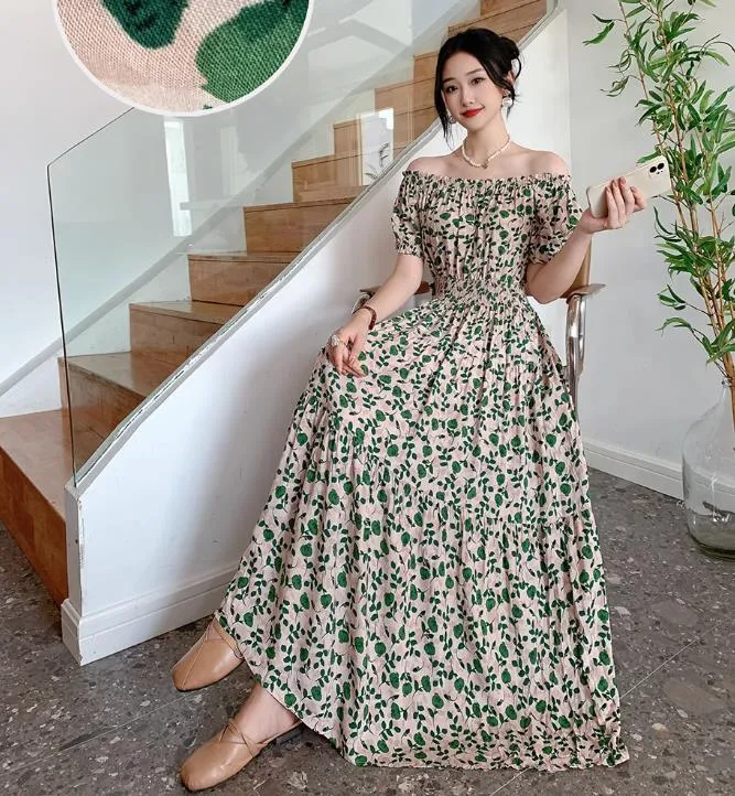 Women Summer Floral Printed Short Sleeves Long Maxi Vintage  Dress - WD8043