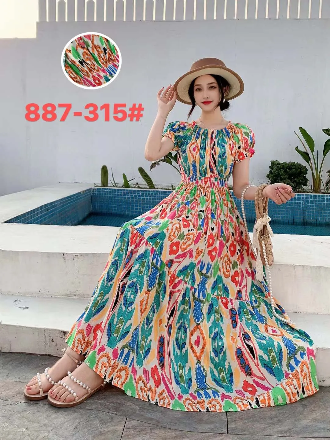 Women Summer Floral Printed Short Sleeves Long Maxi Vintage  Dress - WD8043